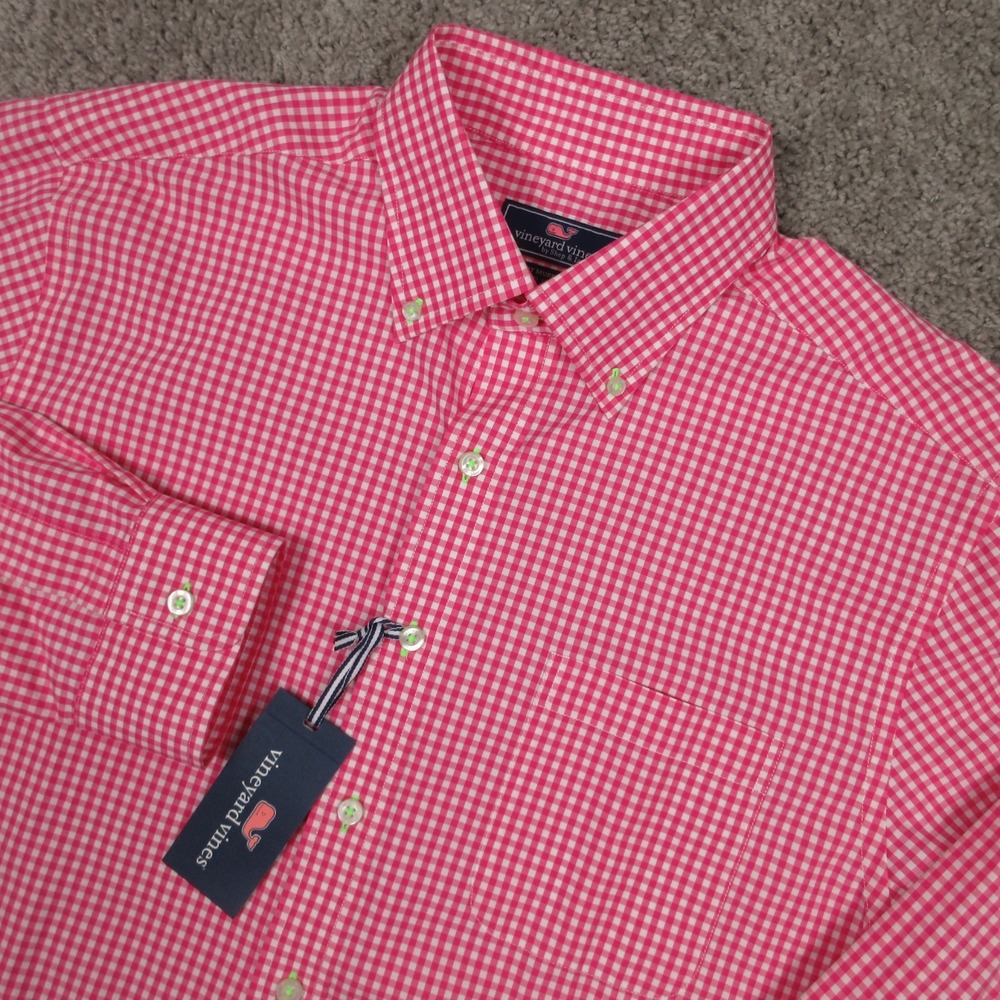 Vineyard Vines Shirt Mens Large Pink Slim Fit Murray Gingham Cotton Button Up